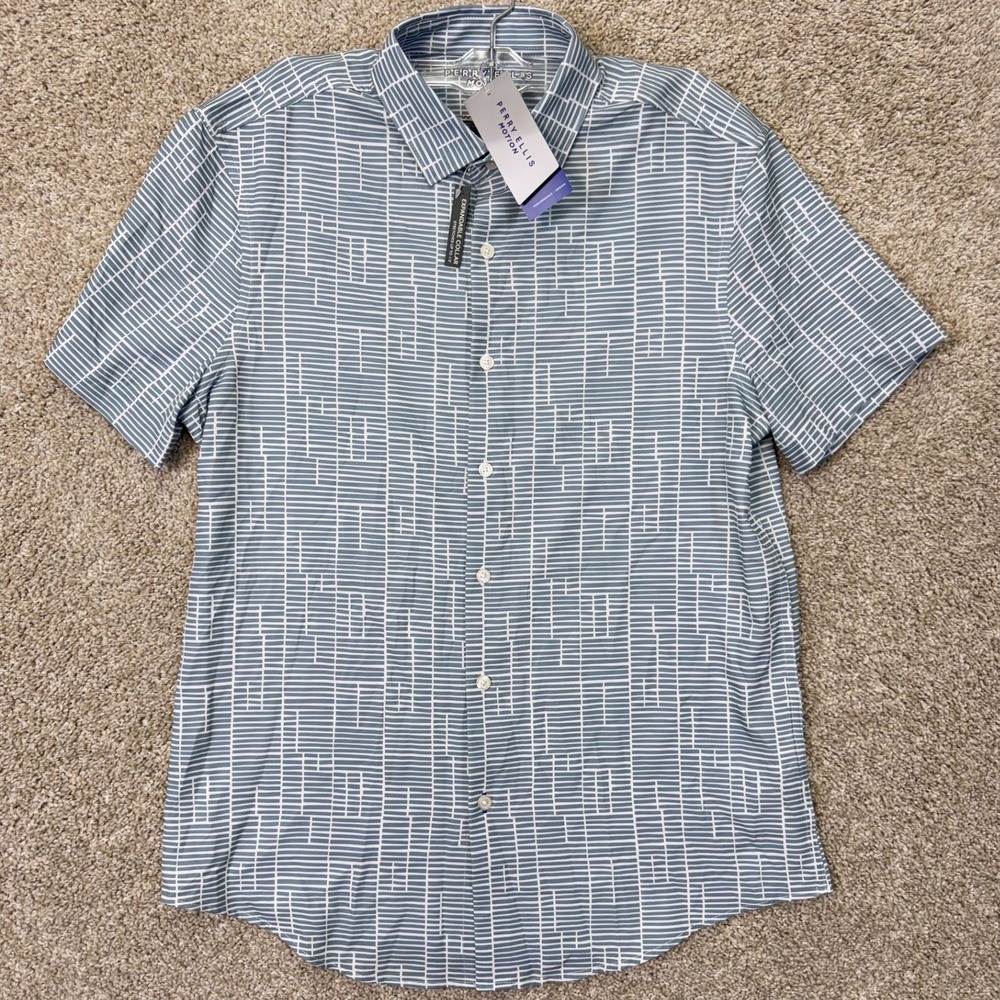 Perry Ellis Shirt Mens M Motion Citadel Blue Geometric Button Down Slim Fit NEW